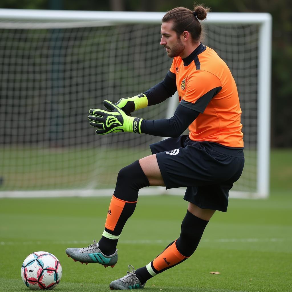 Goalkeeper wearing a shamrock glove during a training session