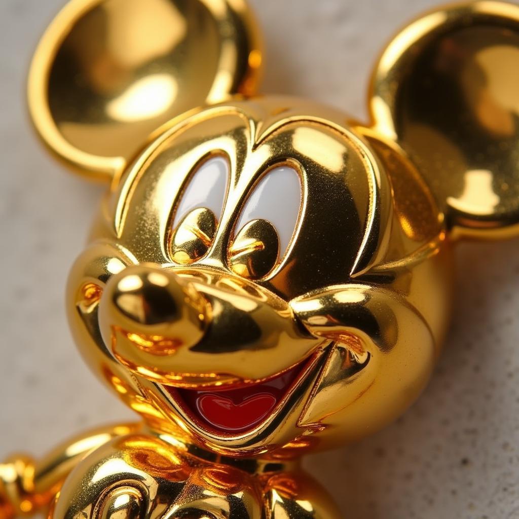 Close-up of a gold Mickey Mouse pin showcasing intricate details