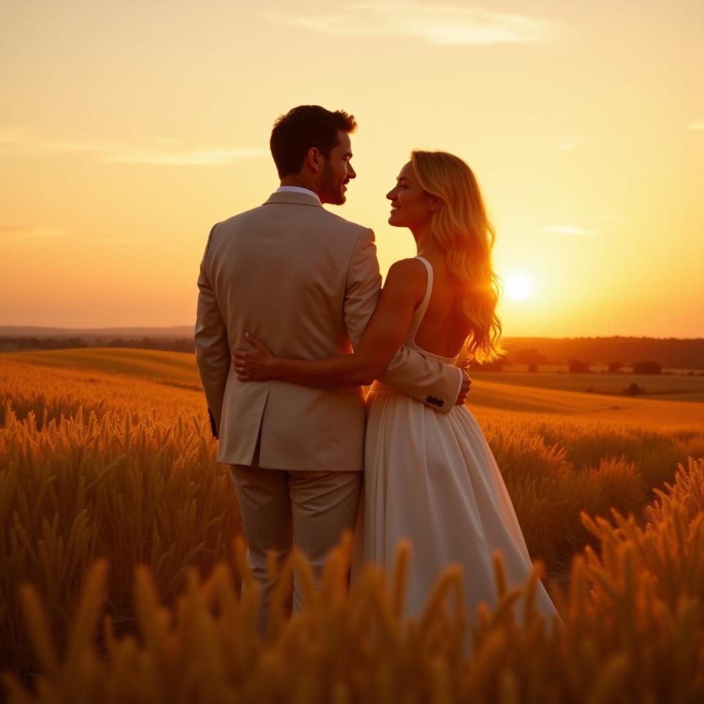 Golden Hour Engagement Photos in a Wheat Field