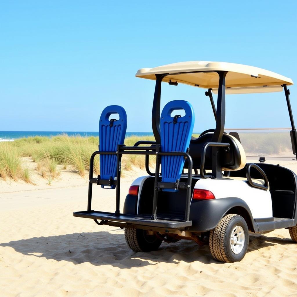 Golf cart with a beach chair rack transporting chairs to the beach.