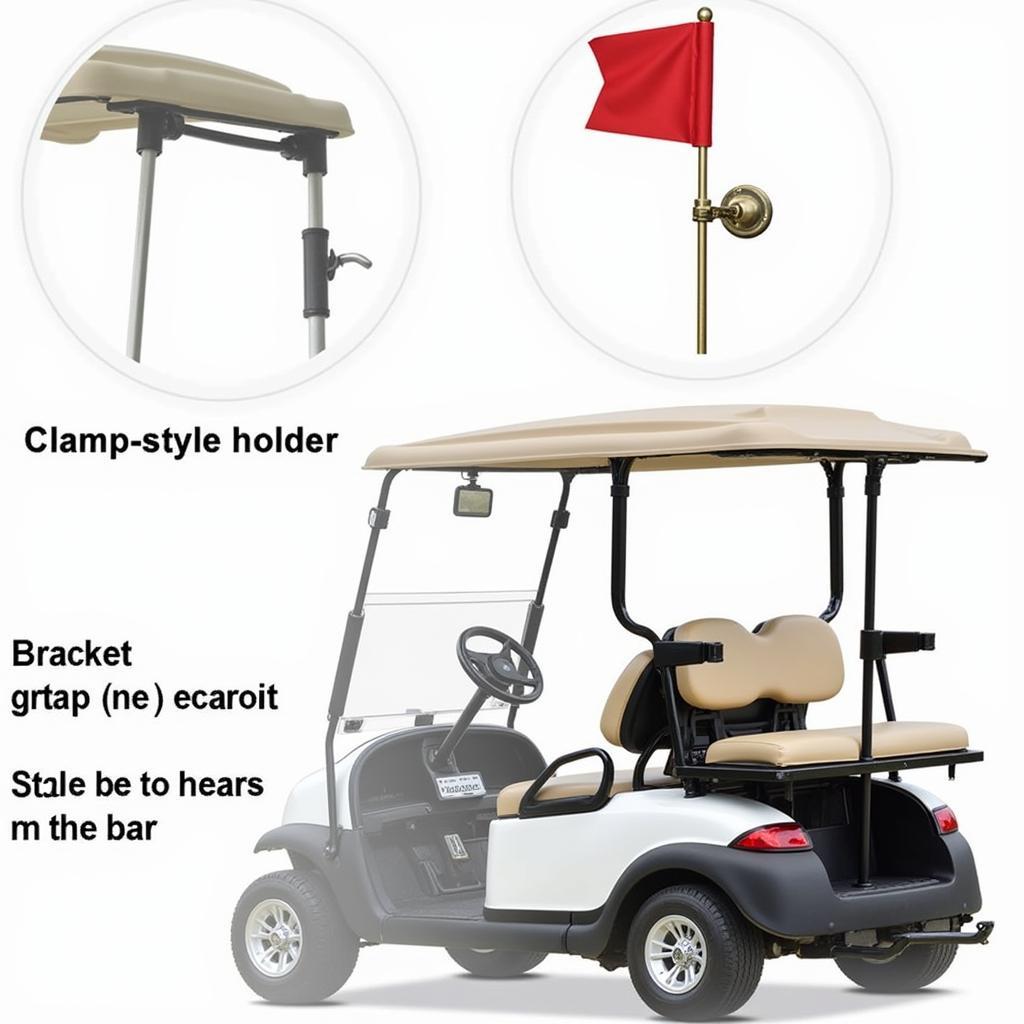 Golf cart flag holder mounting options: clamp, bracket, and strap styles.