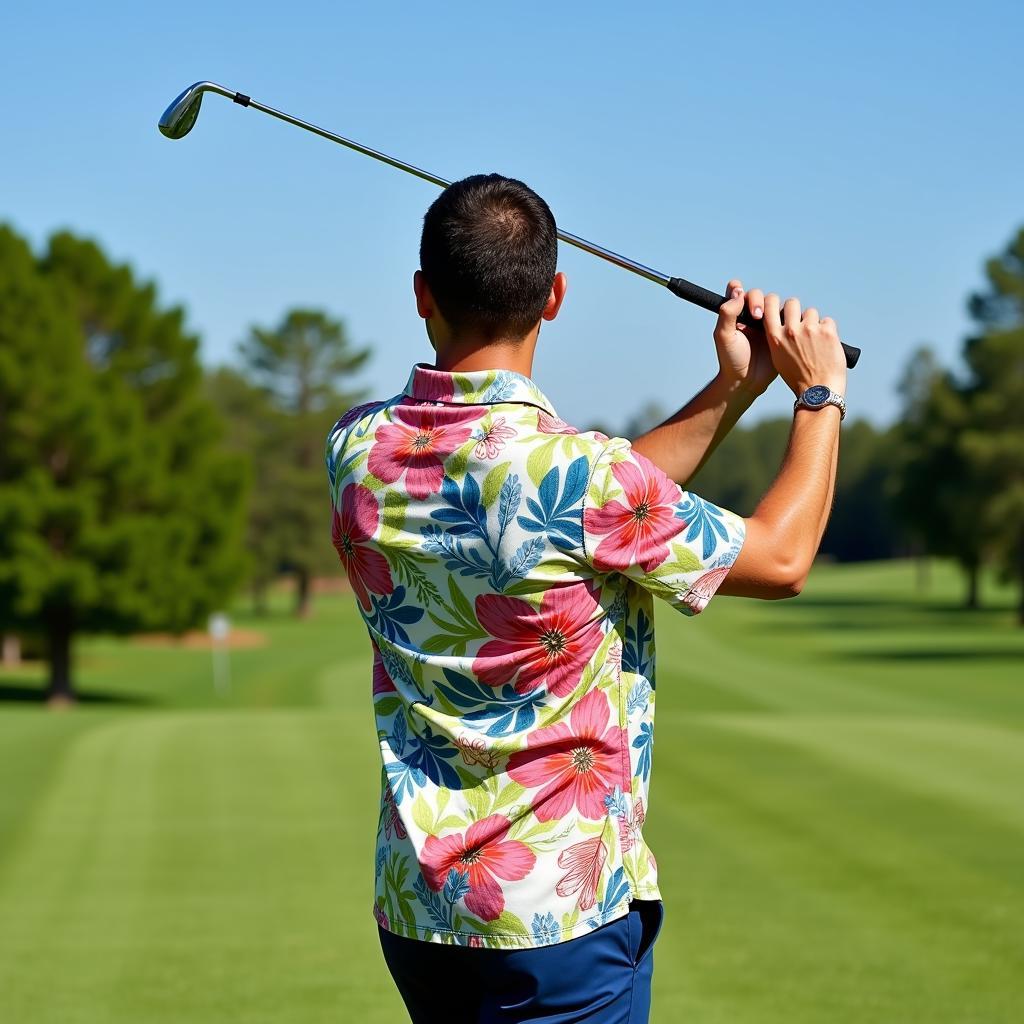 Golfer wearing a floral print Hawaiian shirt on the course