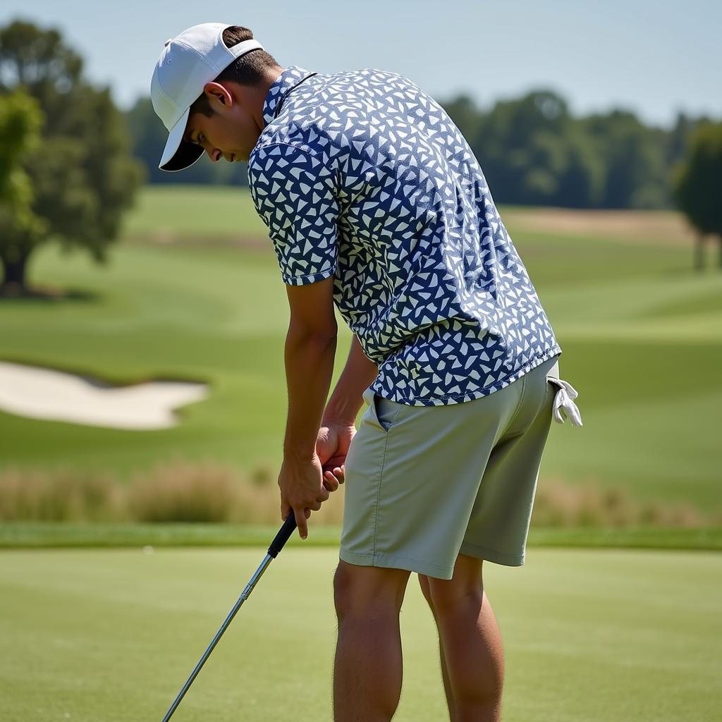 Golfer wearing a geometric pattern golf hawaiian shirt