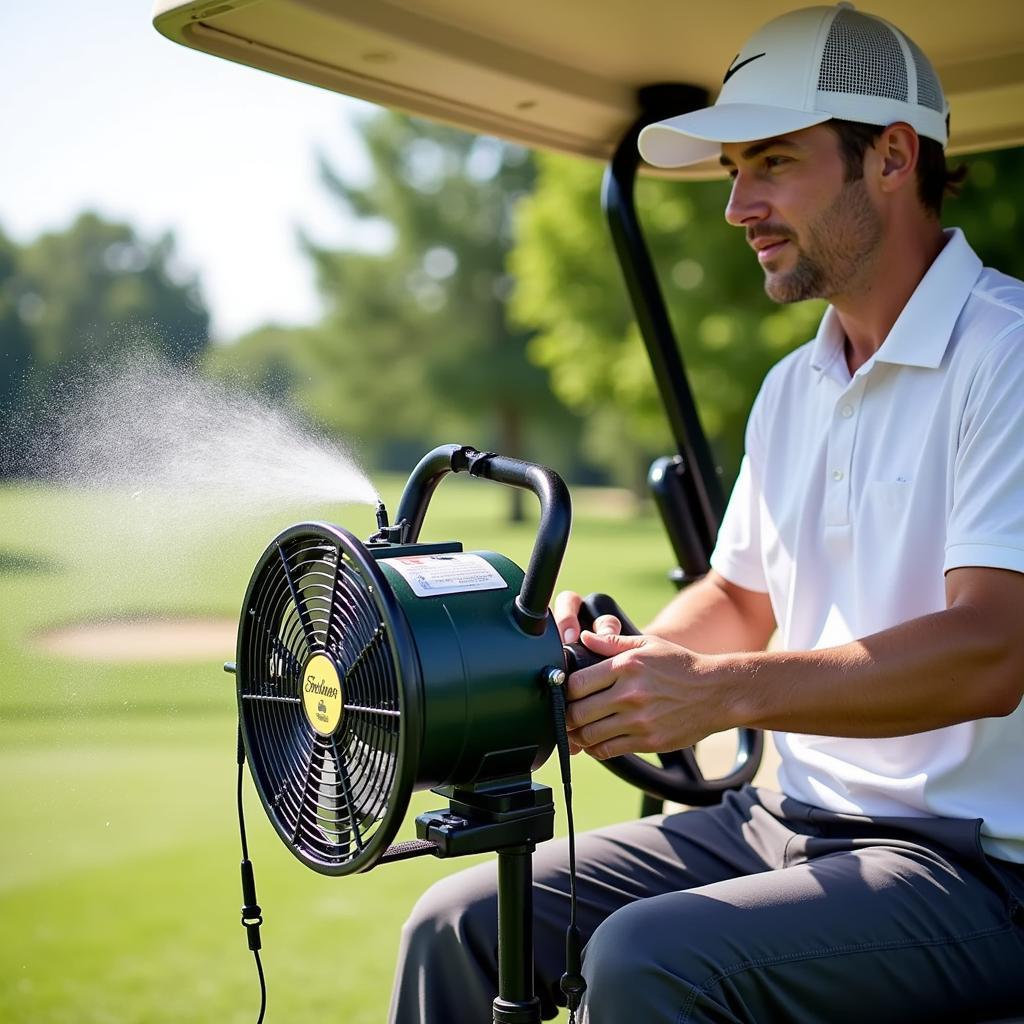 Golfer using a misting fan on the course