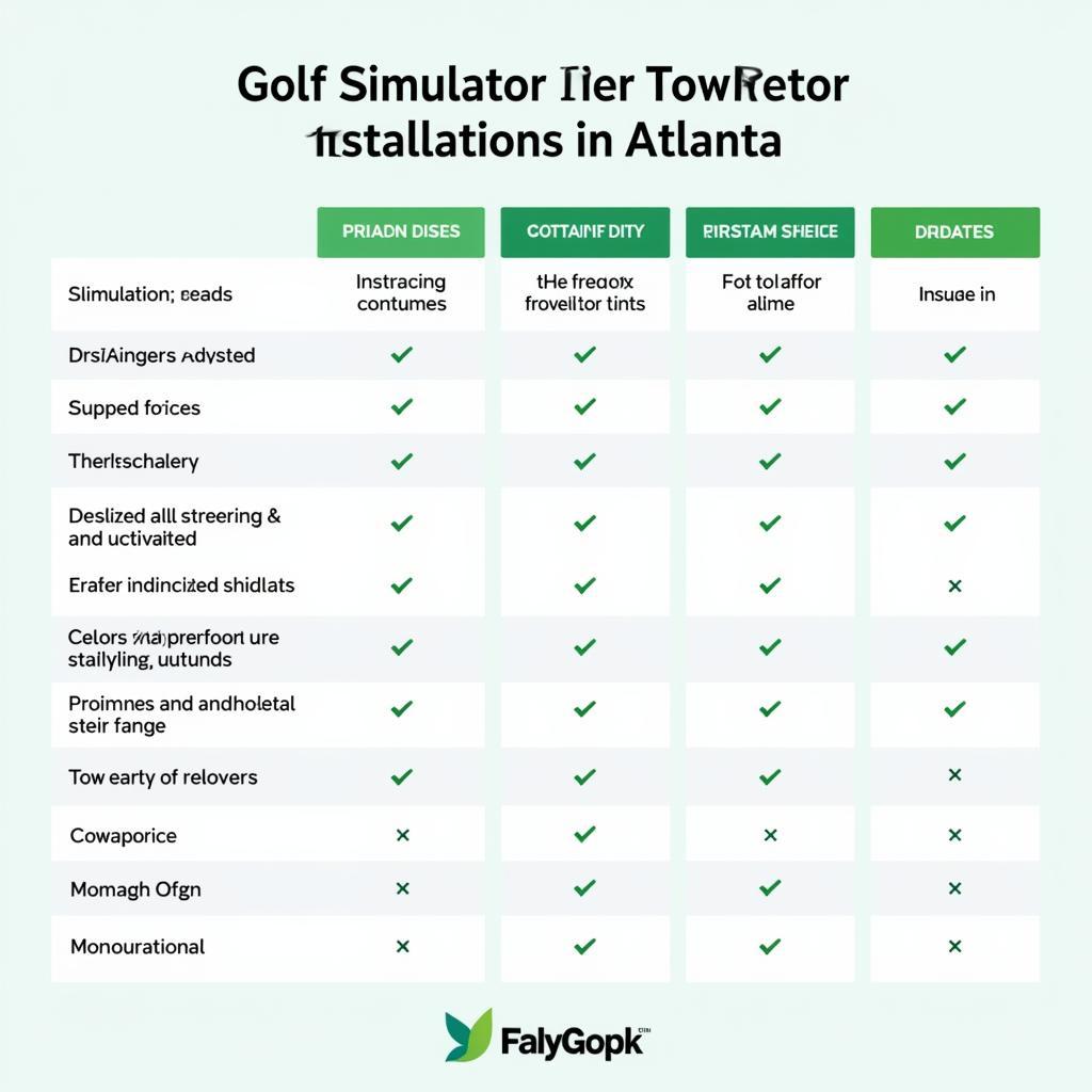 Various pricing options for golf simulator installations in Atlanta, presented in a chart format