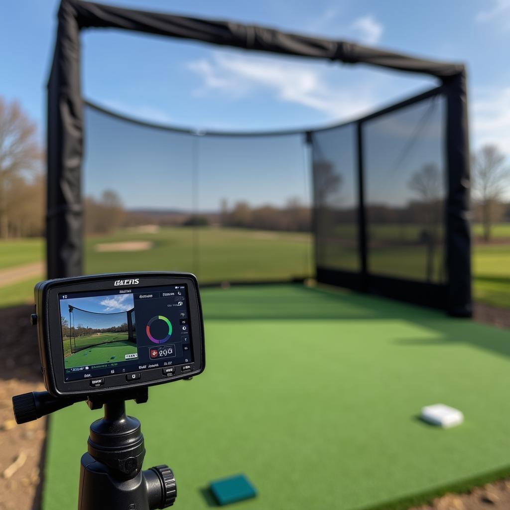 Close-up of golf simulator components, highlighting the launch monitor and impact screen