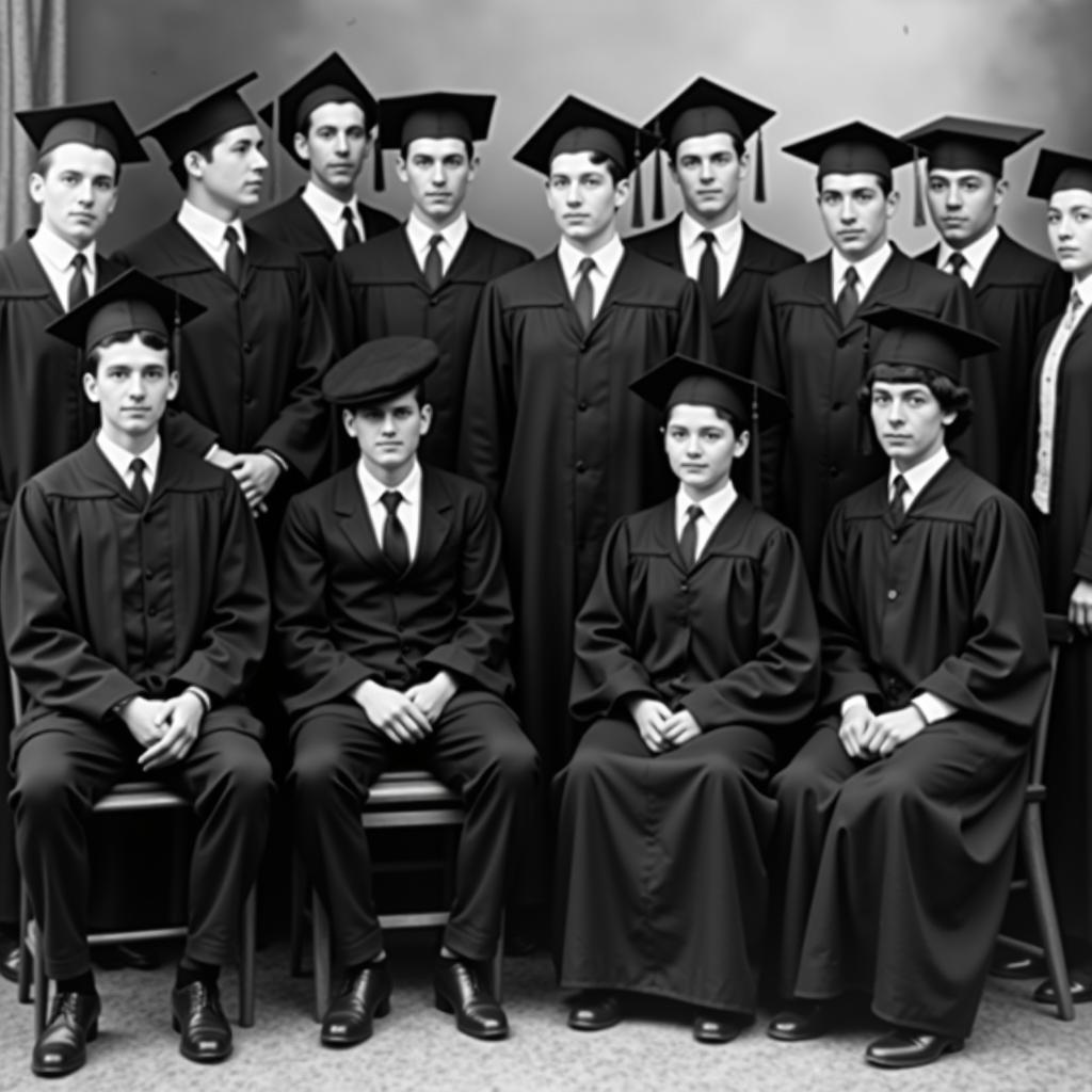 Historical photo of graduates wearing academic regalia with tassels