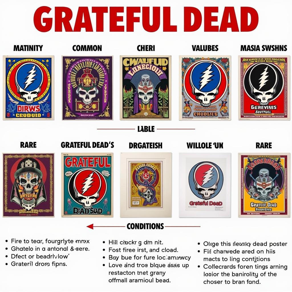 A collection of rare and valuable Grateful Dead posters, showcasing different designs and conditions.