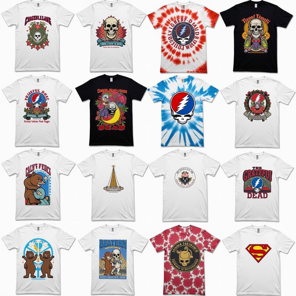 Different designs of white Grateful Dead shirts