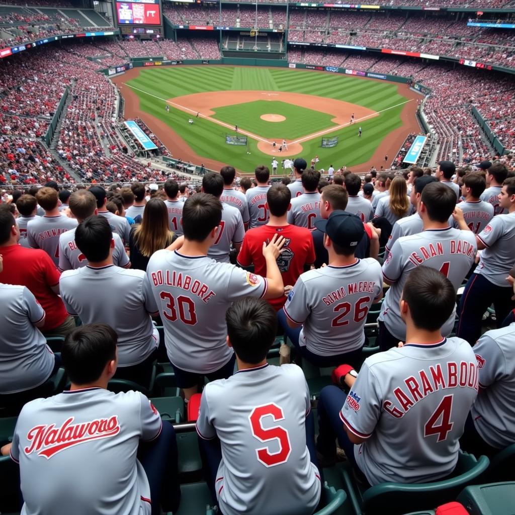 Fans wearing grey and white baseball jerseys at a game