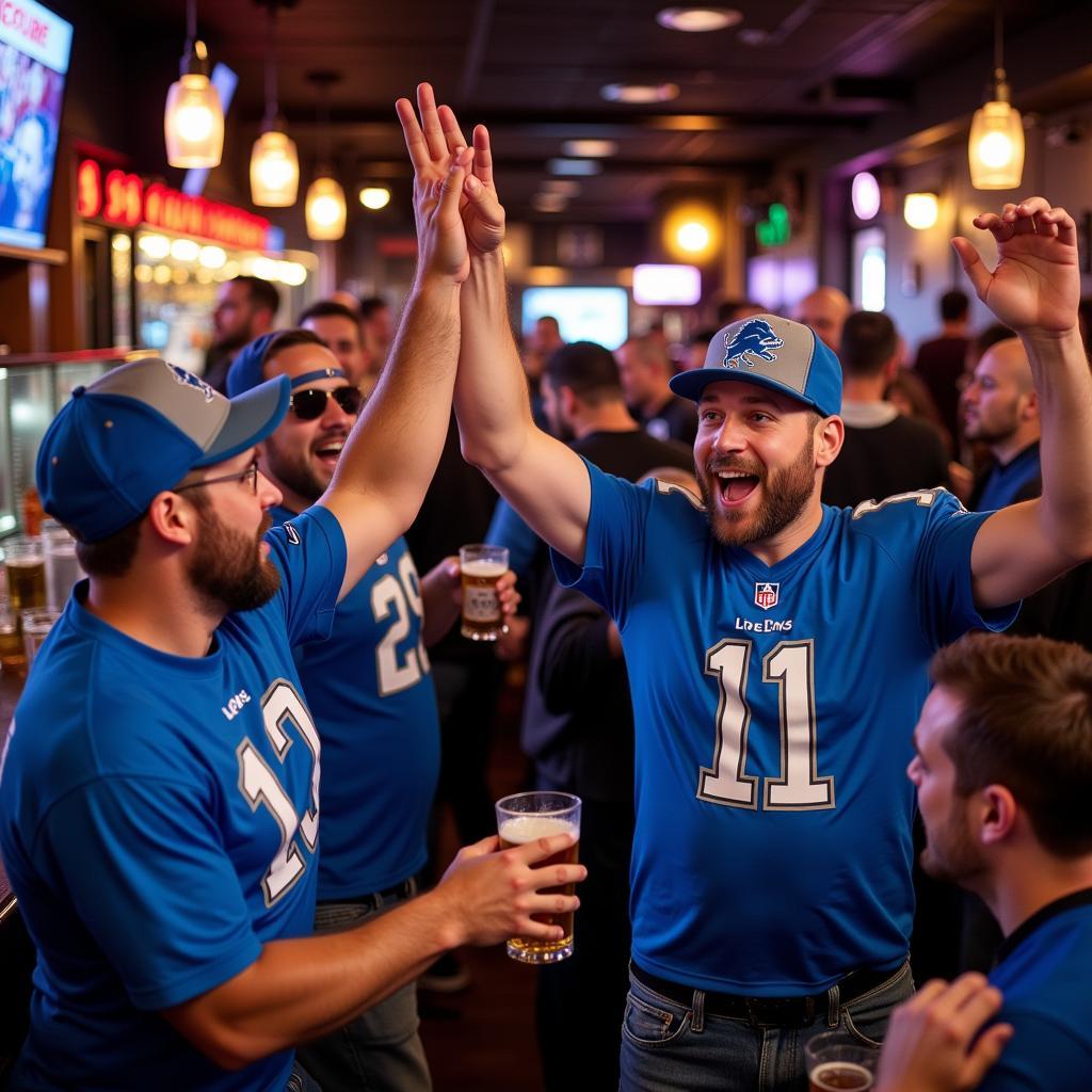 Detroit Lions fans celebrating a touchdown in a Boston bar