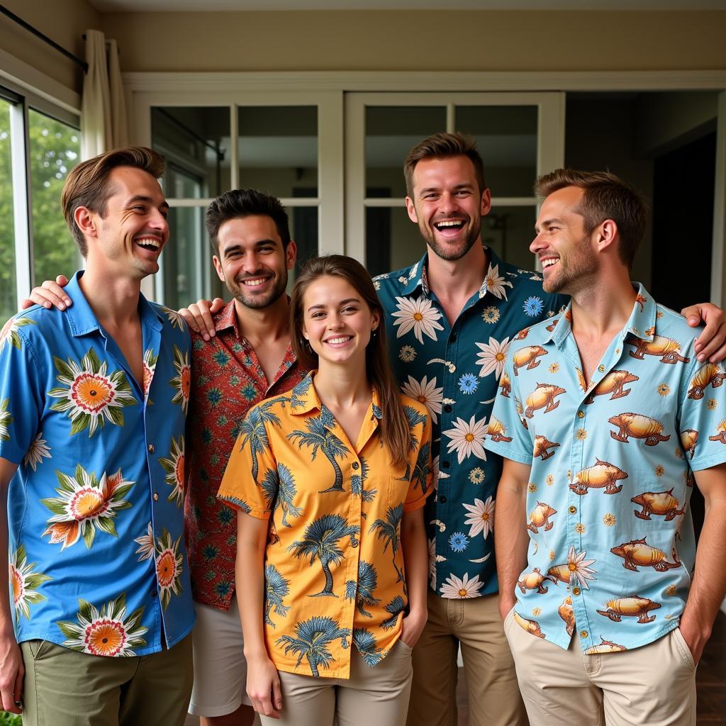 Group of Friends Wearing Funny Hawaiian Shirts