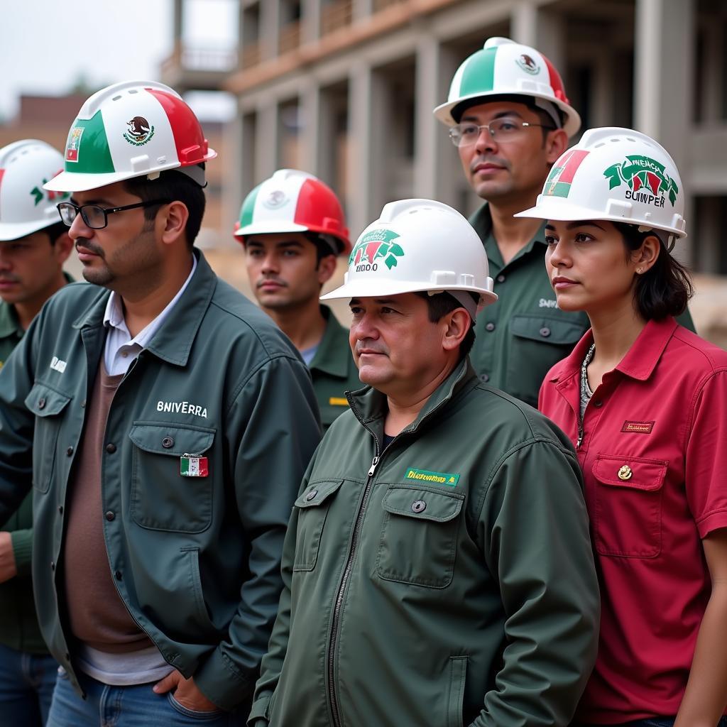 Group of Construction Workers Wearing Mexican Flag Hard Hats