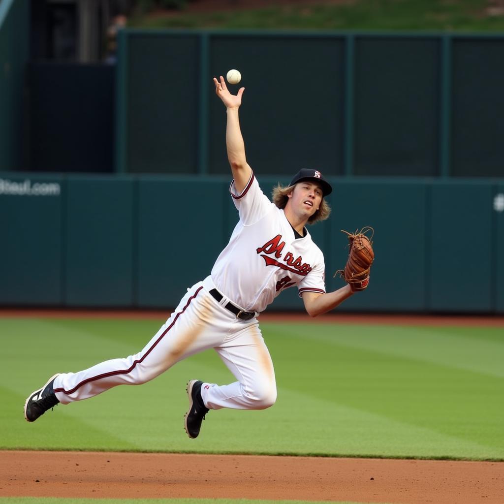 Gunnar Henderson making a diving catch at shortstop during a professional baseball game.