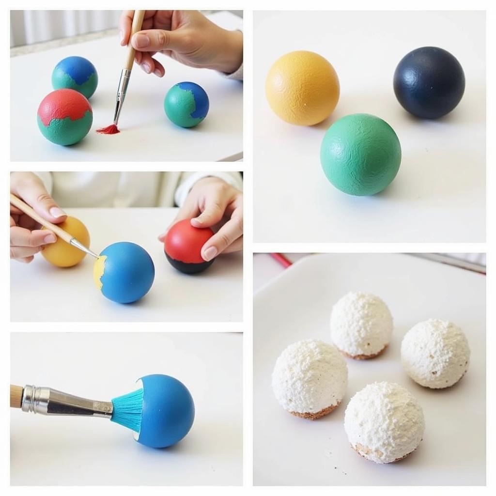 Different painting techniques on half styrofoam balls