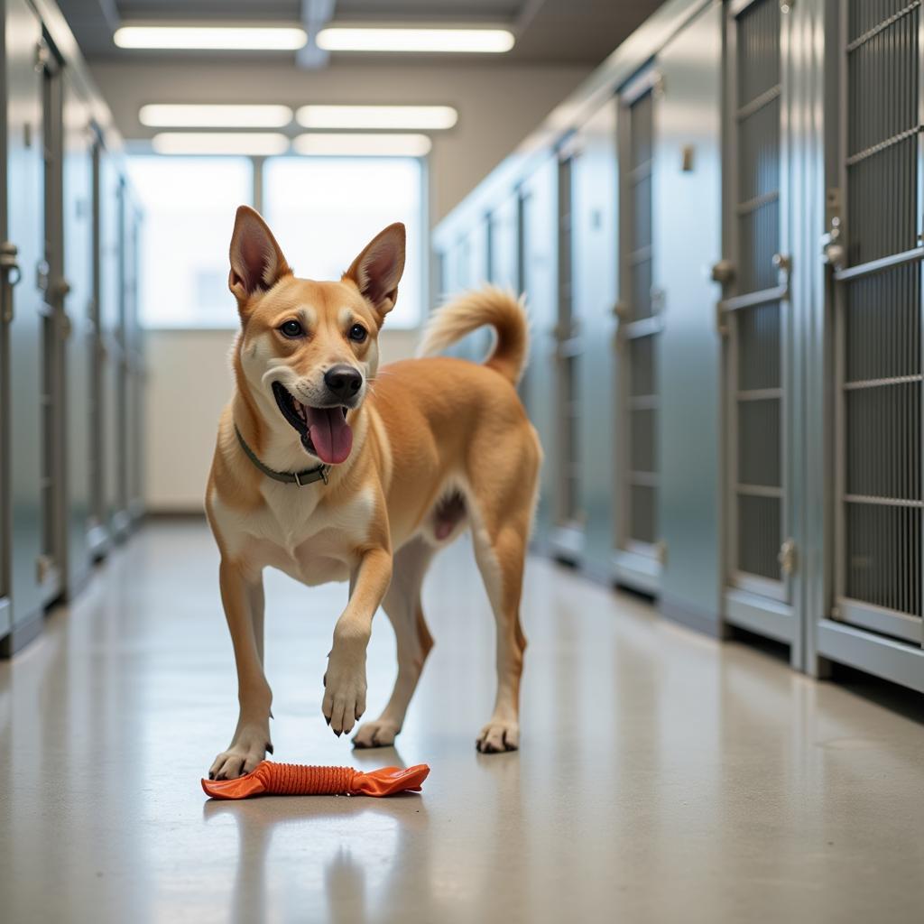 A happy dog at a kennel