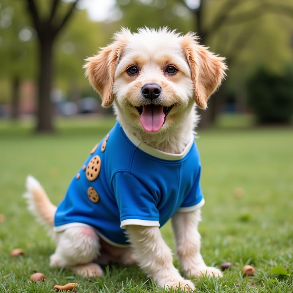 A Happy Dog Wearing a Cookie Monster Shirt