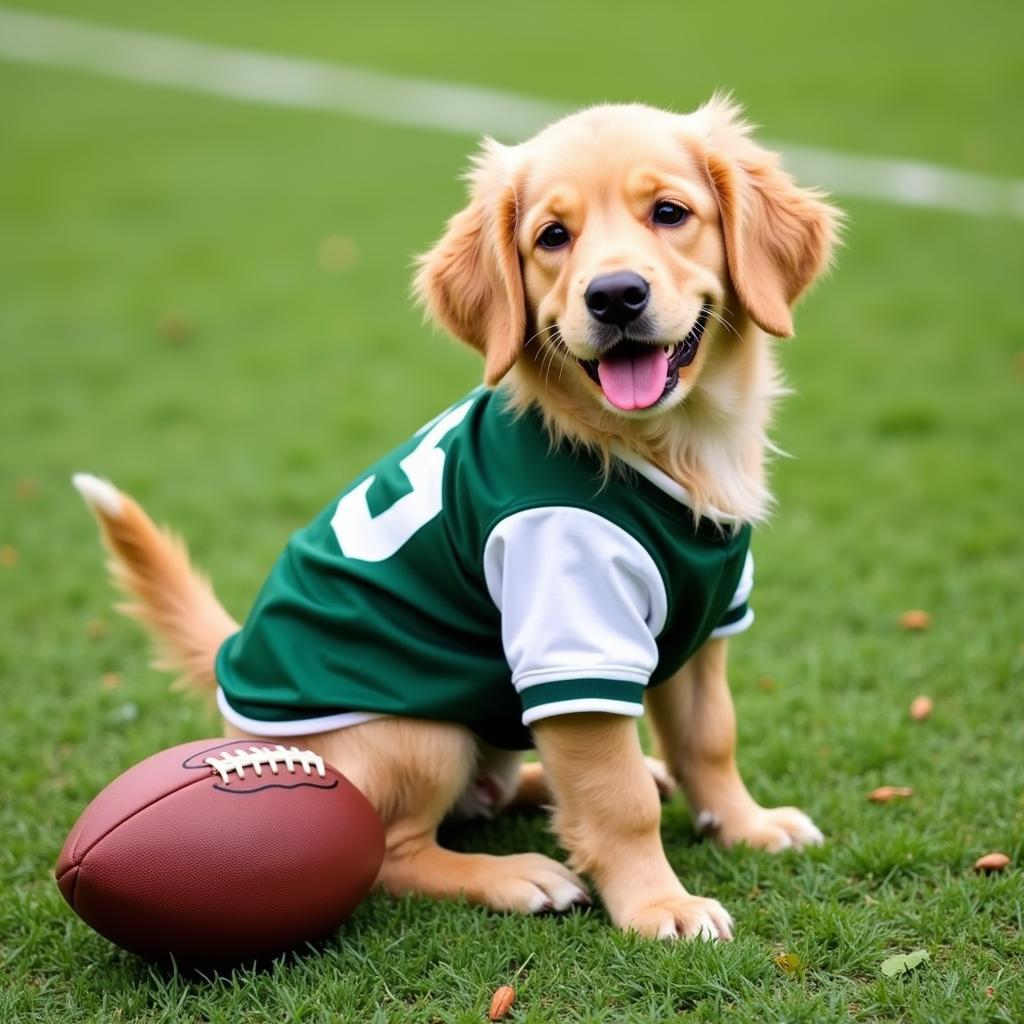 Happy dog sporting a Michigan State University jersey