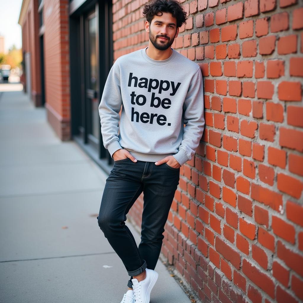 Happy to be here sweatshirt worn with jeans and sneakers, showcasing a casual and comfortable style.