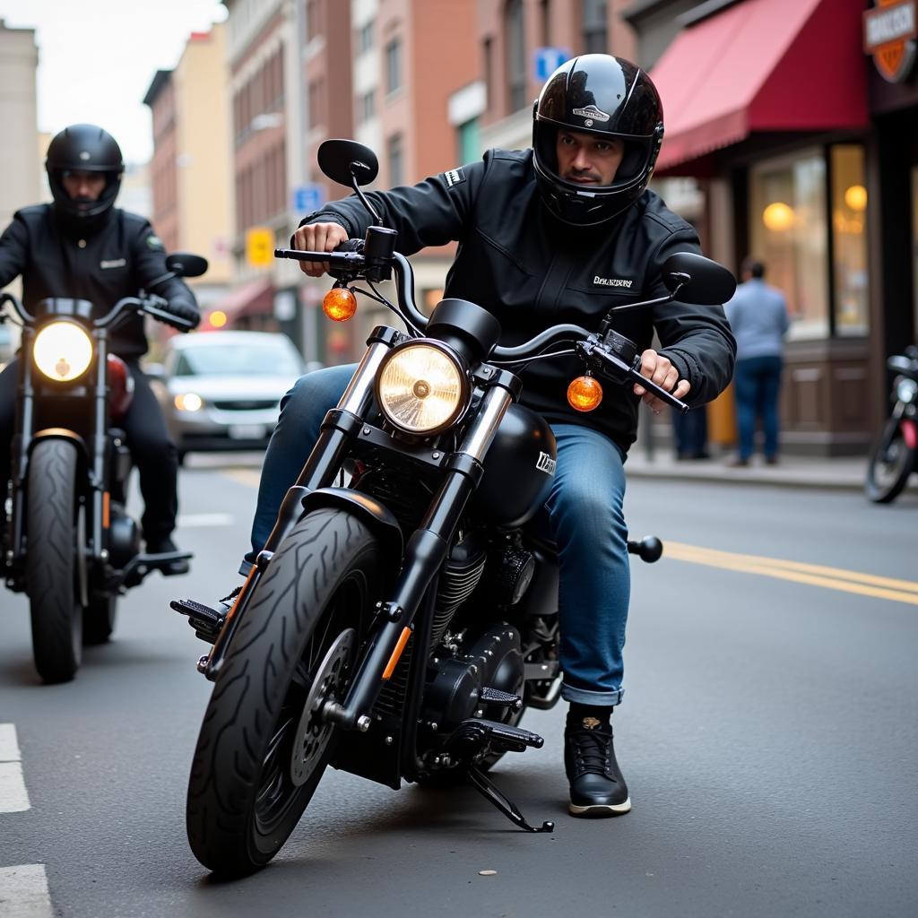 Harley-Davidson rider navigating city traffic