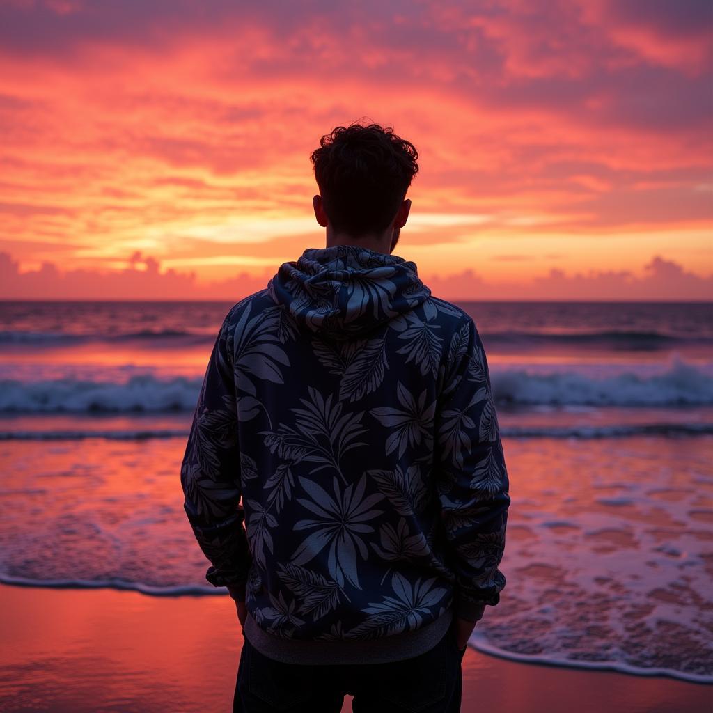 Man Wearing Hawaiian Hoodie at Beach Sunset