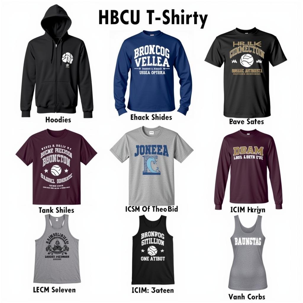 Various styles of HBCU t-shirts like hoodies, long sleeves, etc.