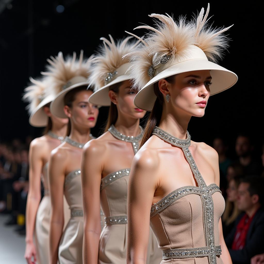 High fashion runway showcasing models wearing designer caps