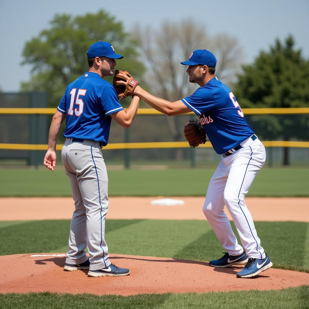 High Point Baseball Camp Coaching: A coach providing personalized instruction to a player, focusing on improving pitching technique.