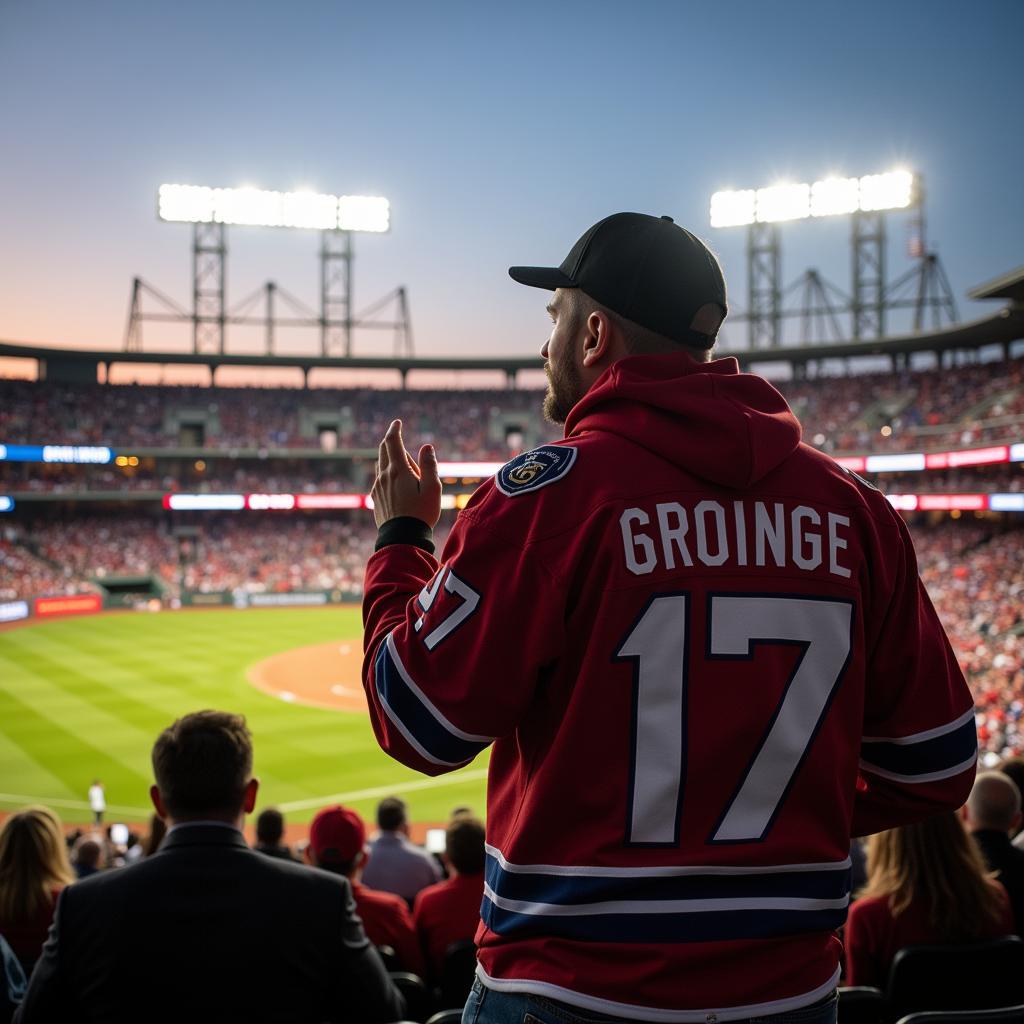 A hockey fan enjoying a baseball game, showcasing the crossover appeal of sports.