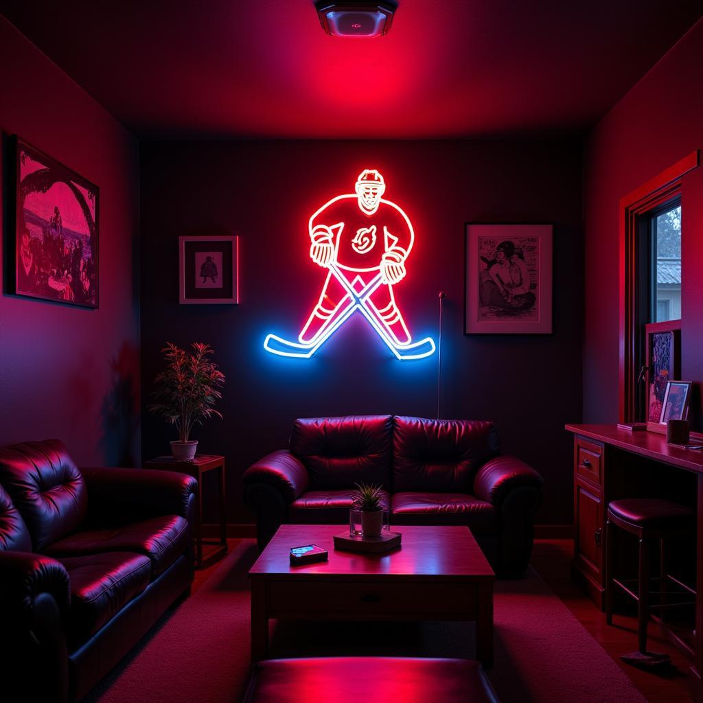 Hockey Neon Sign Illuminating a Game Room