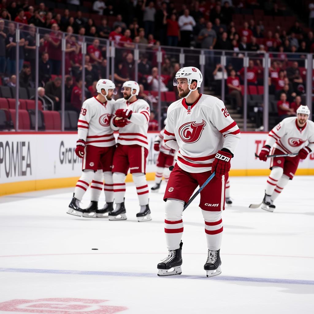 Hockey Player Celebrating in a White and Red Jersey