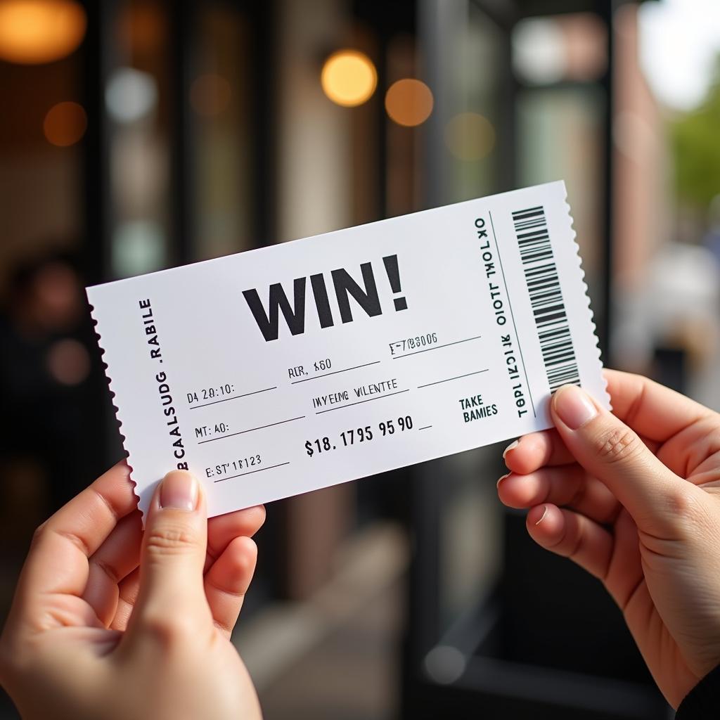 A hand holding a winning white raffle ticket