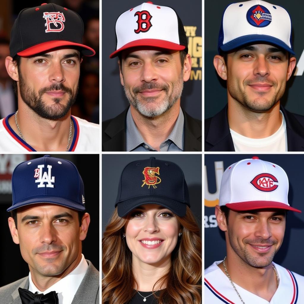 Hollywood celebrities wearing baseball caps supporting sports teams.