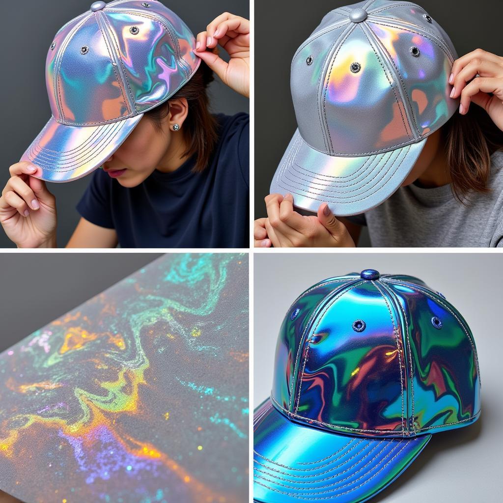 Close-up view of holographic hat materials