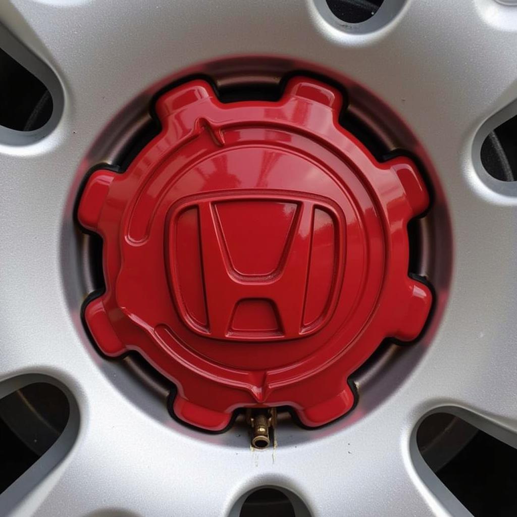 Close-up view of red Honda center caps on a wheel