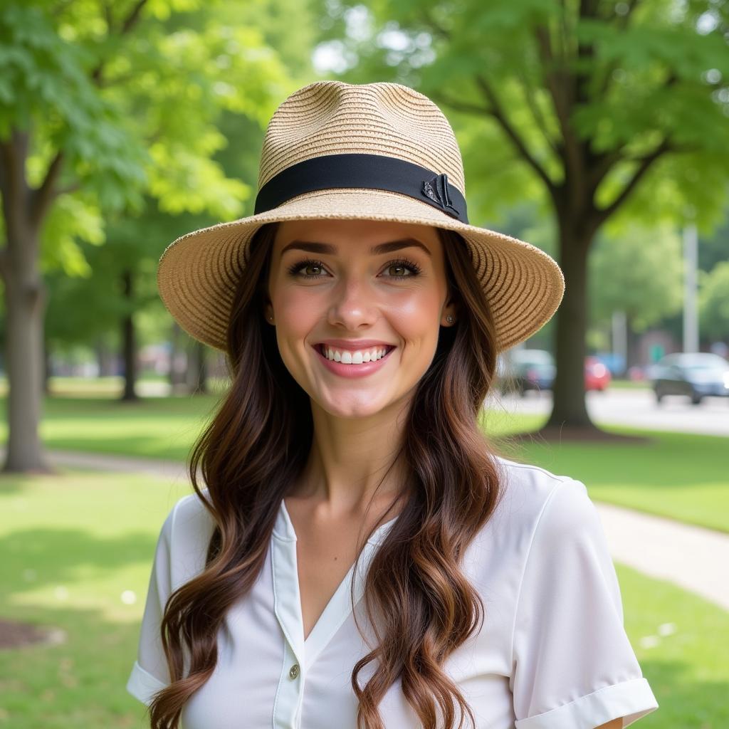 A woman smiling while wearing a Honda straw hat in a park