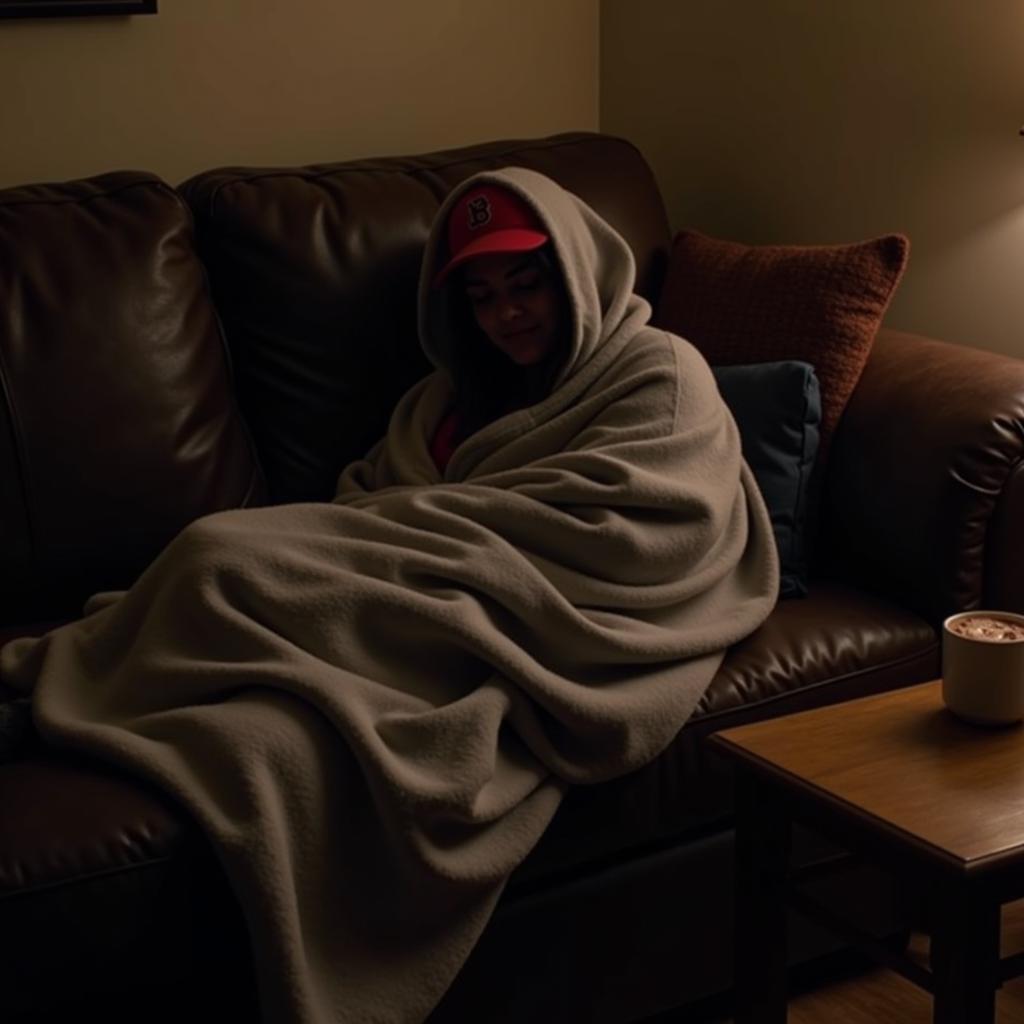 Relaxing on the couch with a hooded baseball blanket