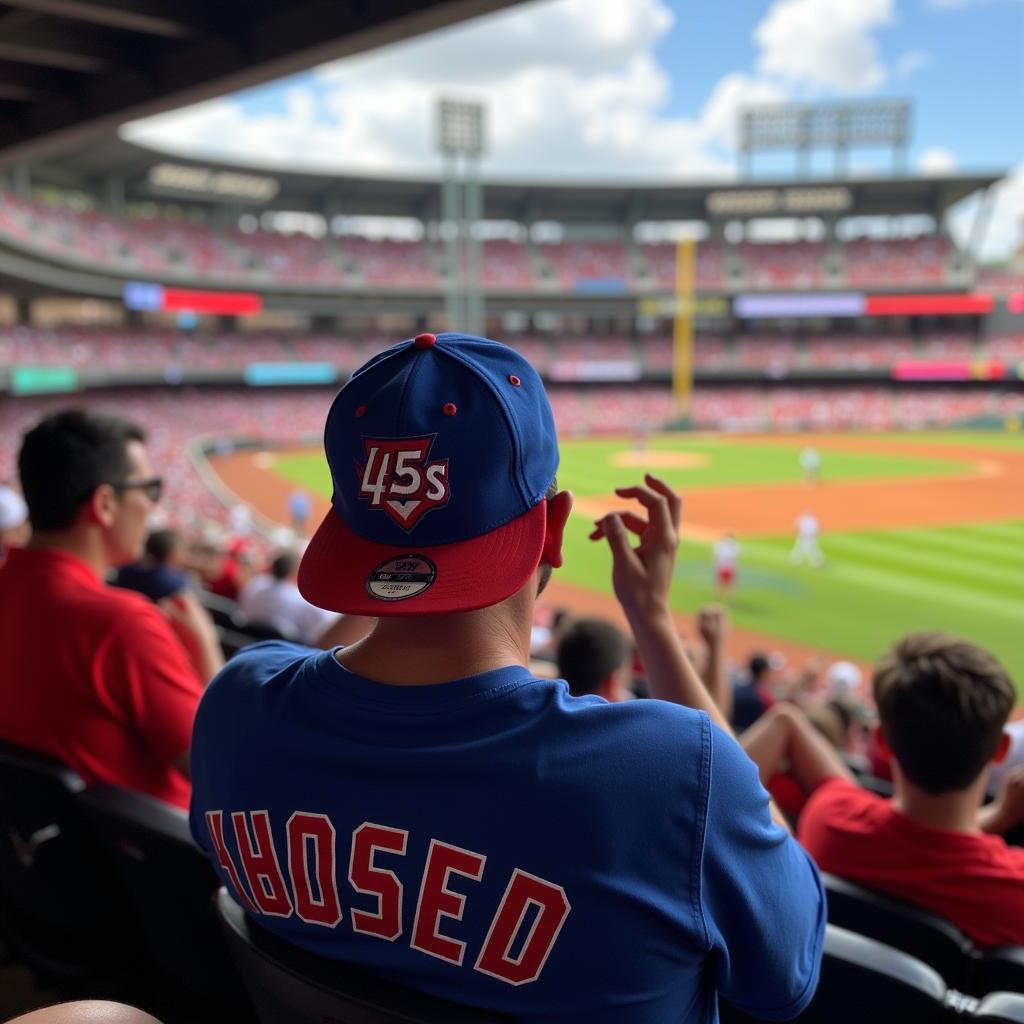 A fan wearing a Houston 45s hat at a baseball game.