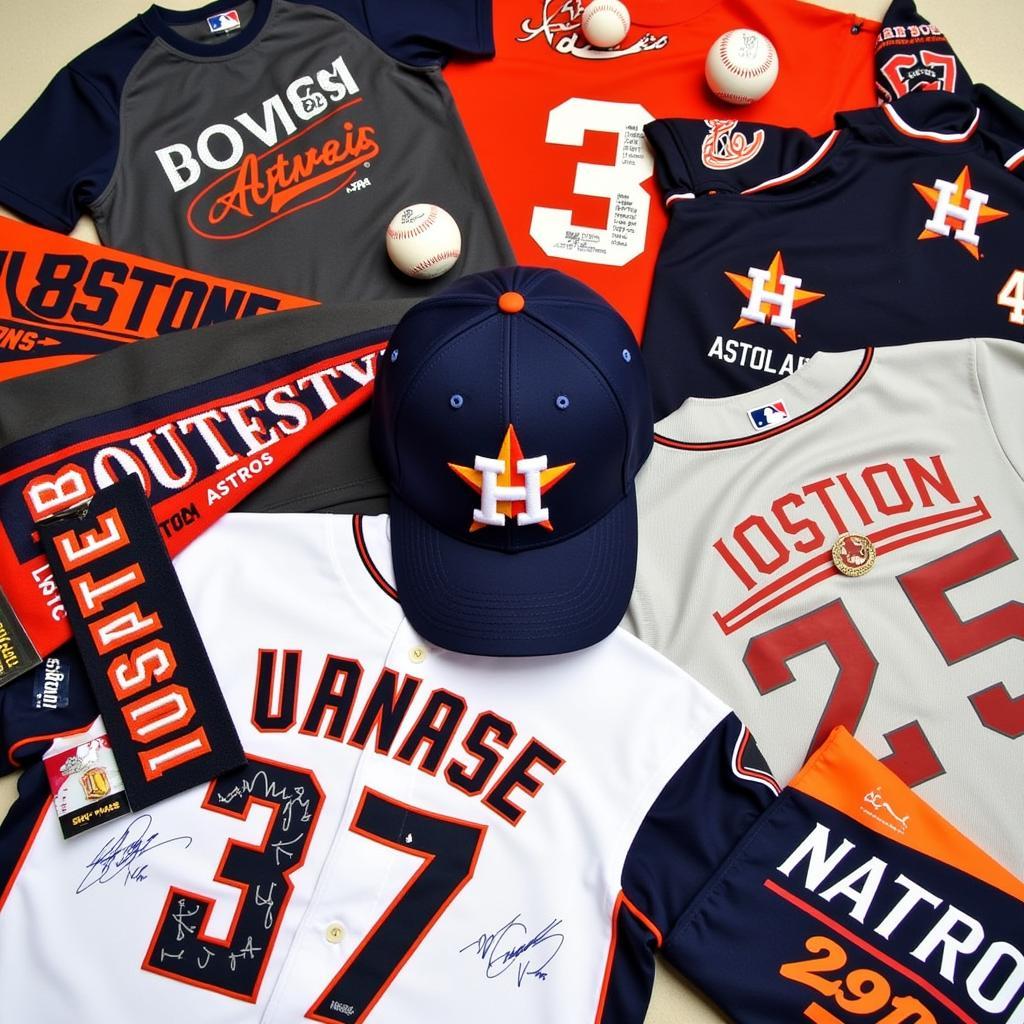 A collection of Houston Astros memorabilia, including a Houston 45s hat.