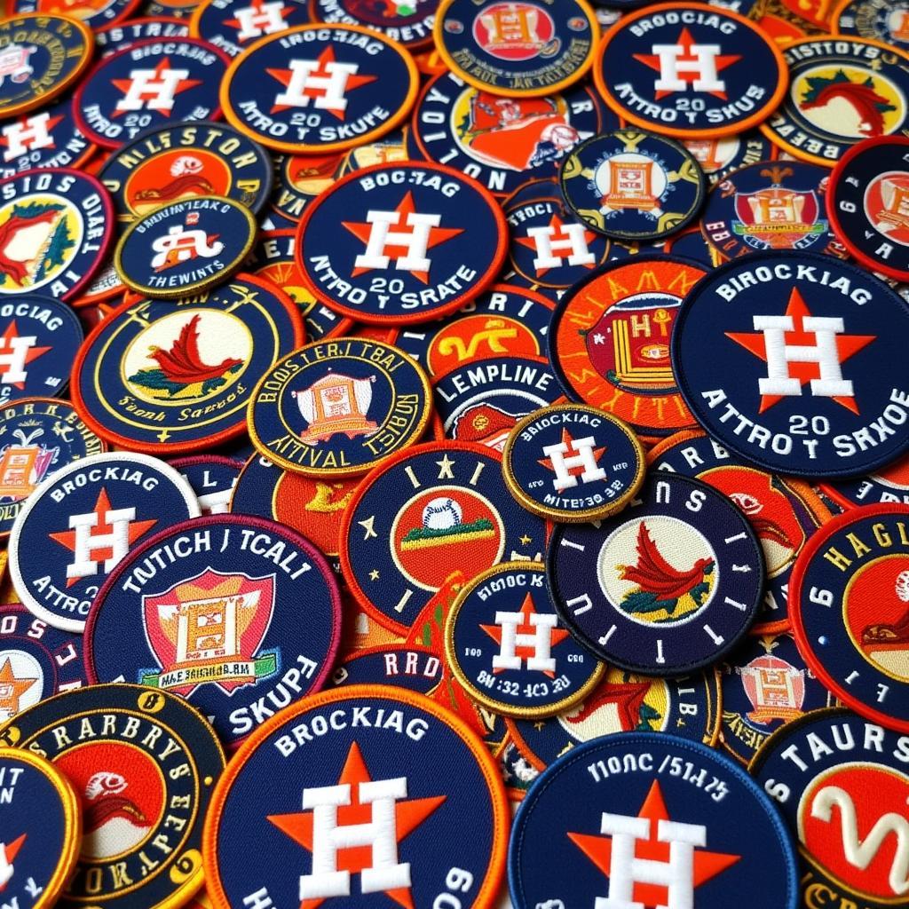 A collection of various Houston Astros patches showcasing different eras and achievements.