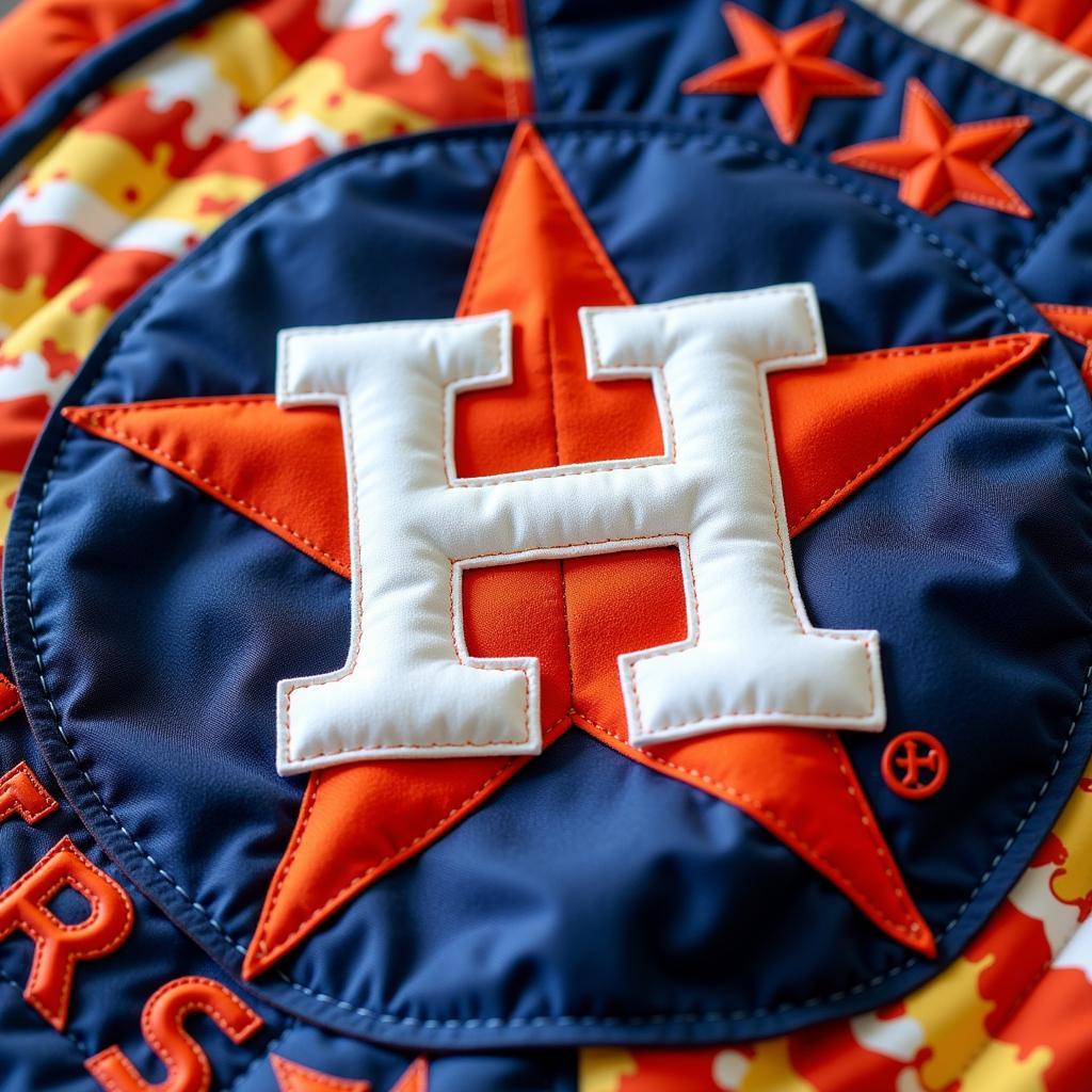 Close-up of a Houston Astros quilt showcasing intricate stitching and team logo.