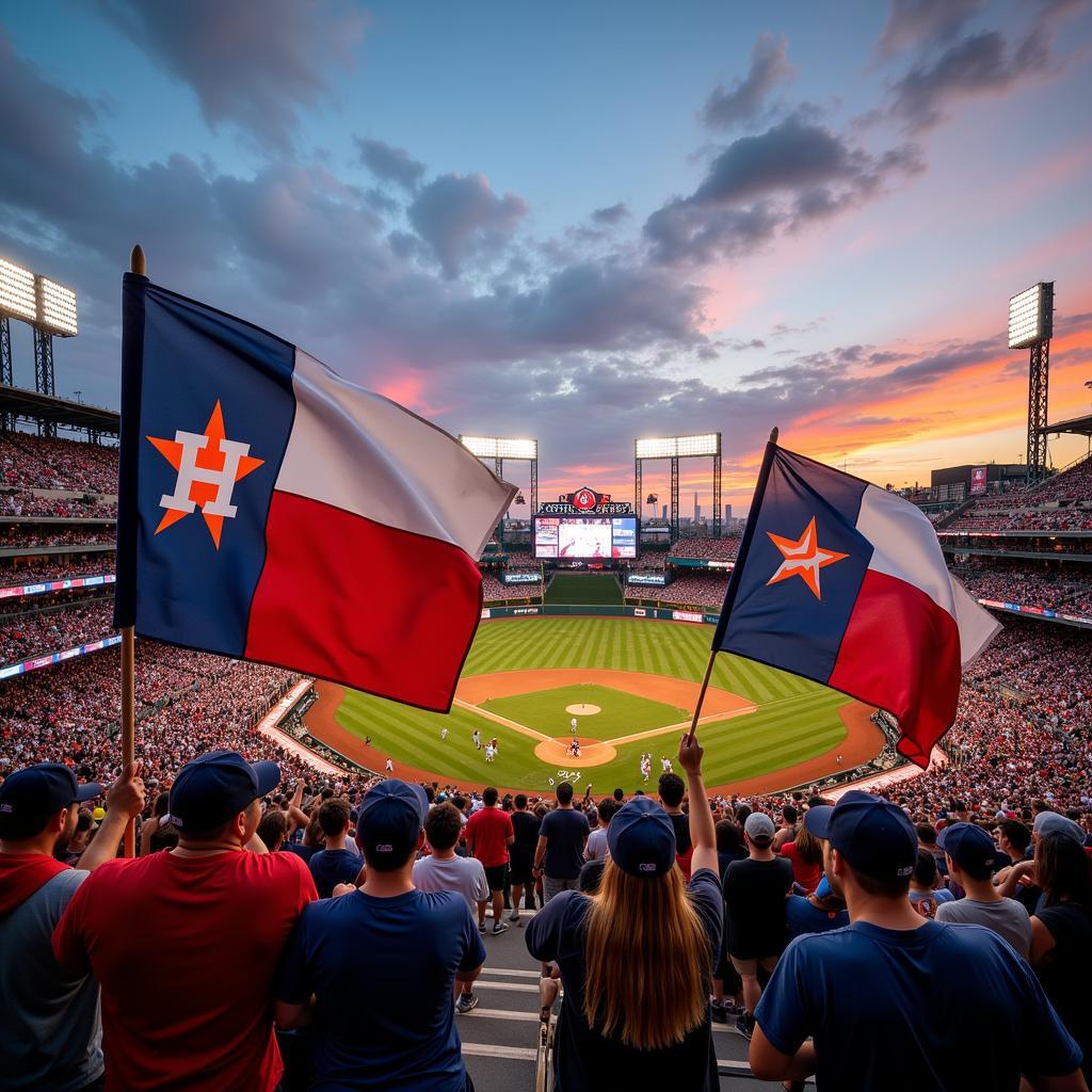 Fans waving Houston Astros Texas flags at Minute Maid Park