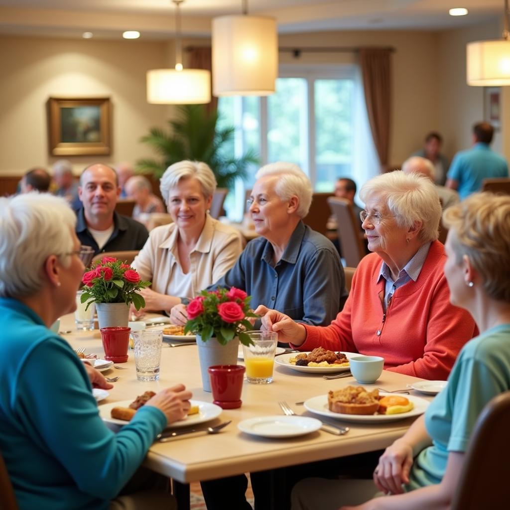 Residents enjoying a meal together in the bright and spacious dining area at Hudson Wood Nursing Home.