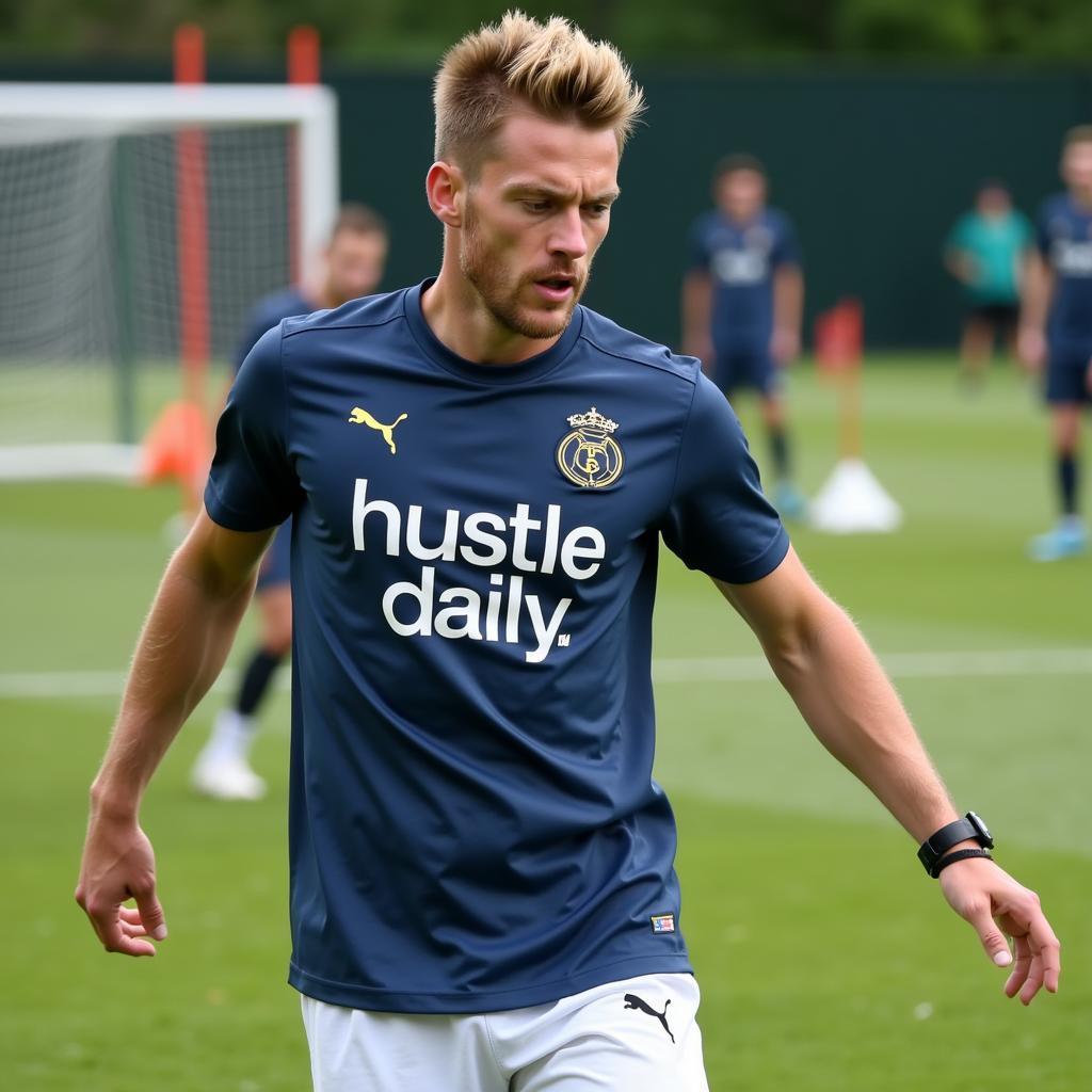 Frenkie de Jong wearing a Hustle Daily T-Shirt during football training