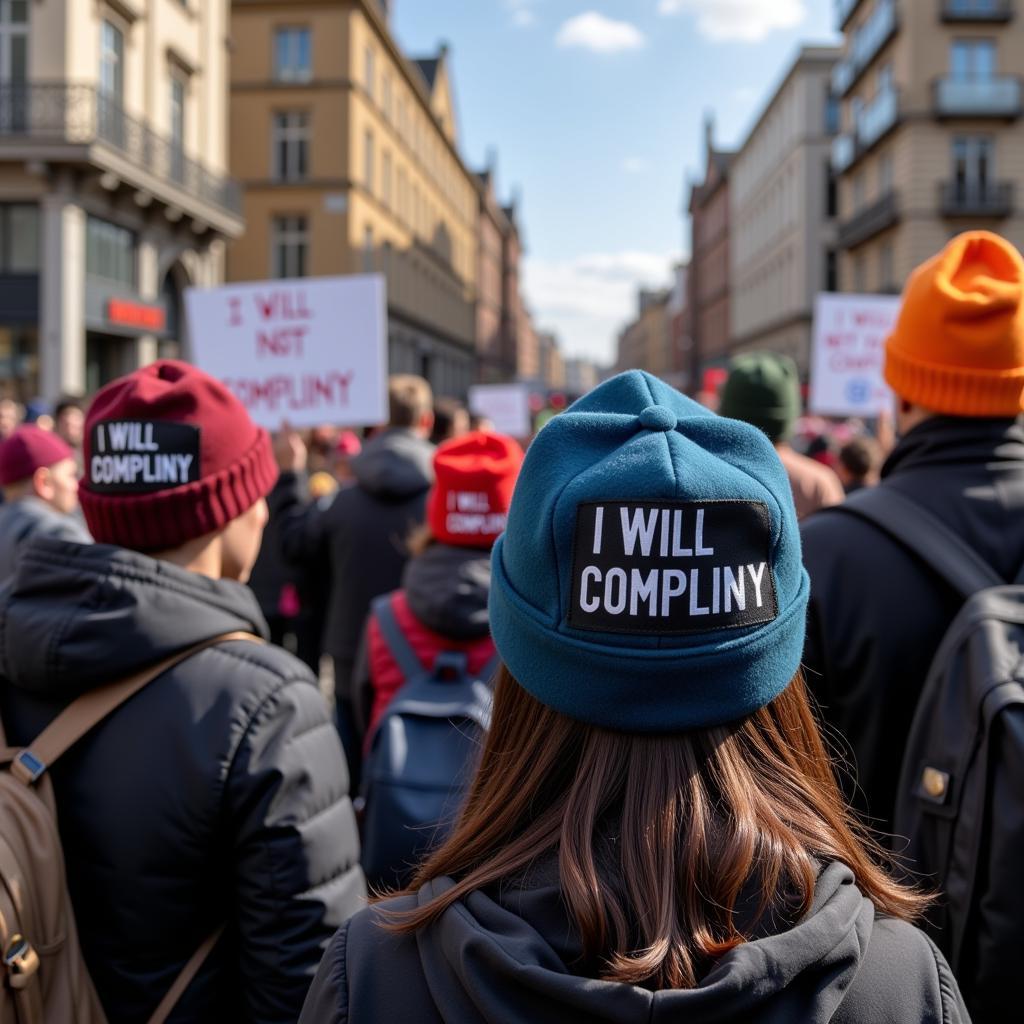 Protestors wearing i will not comply hats