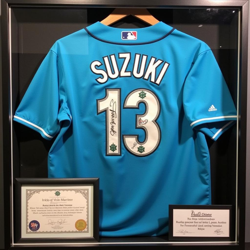 Autographed Ichiro Mariners jersey in a display case