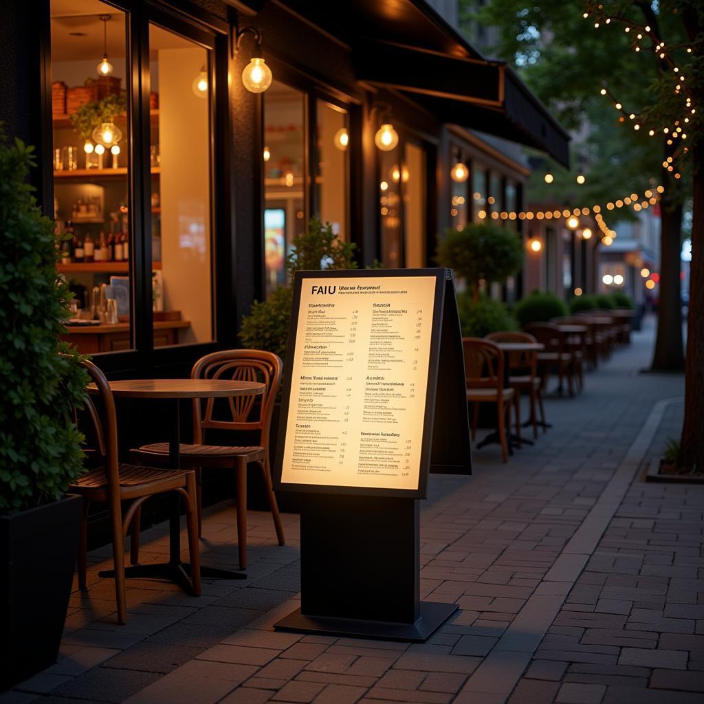 Illuminated Outdoor Menu Stand at Night