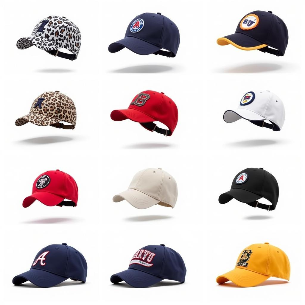 Variety of infant baseball caps in different styles and colors.