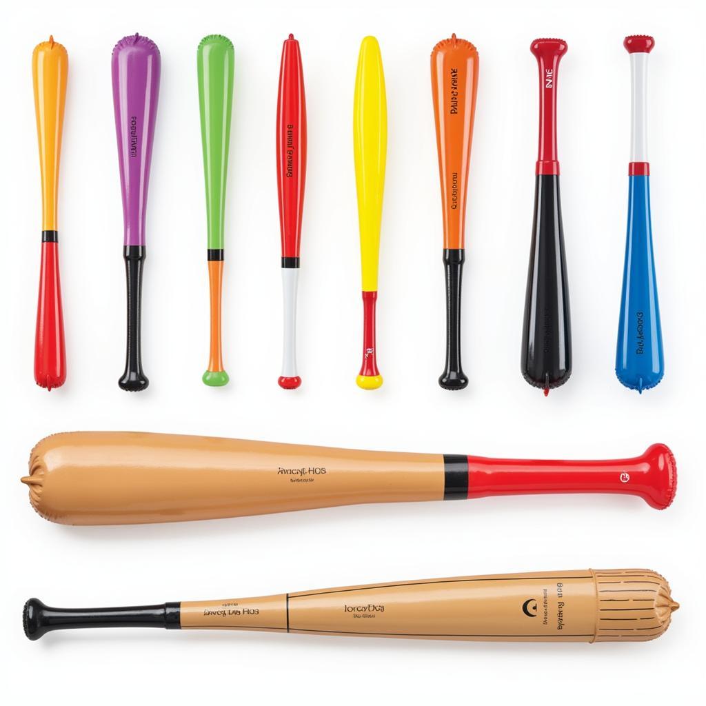 A variety of inflatable baseball bats in different sizes and designs