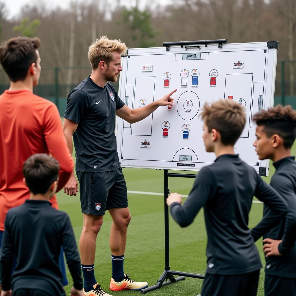 Inspiring Young Footballers: Frenkie de Jong coaching young players on a football field.